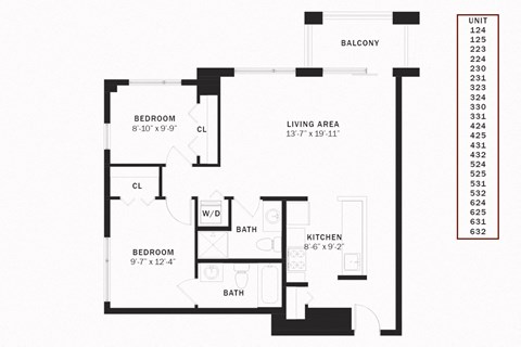 Floor plan for 2 beds, 2 baths, 921 sqft
